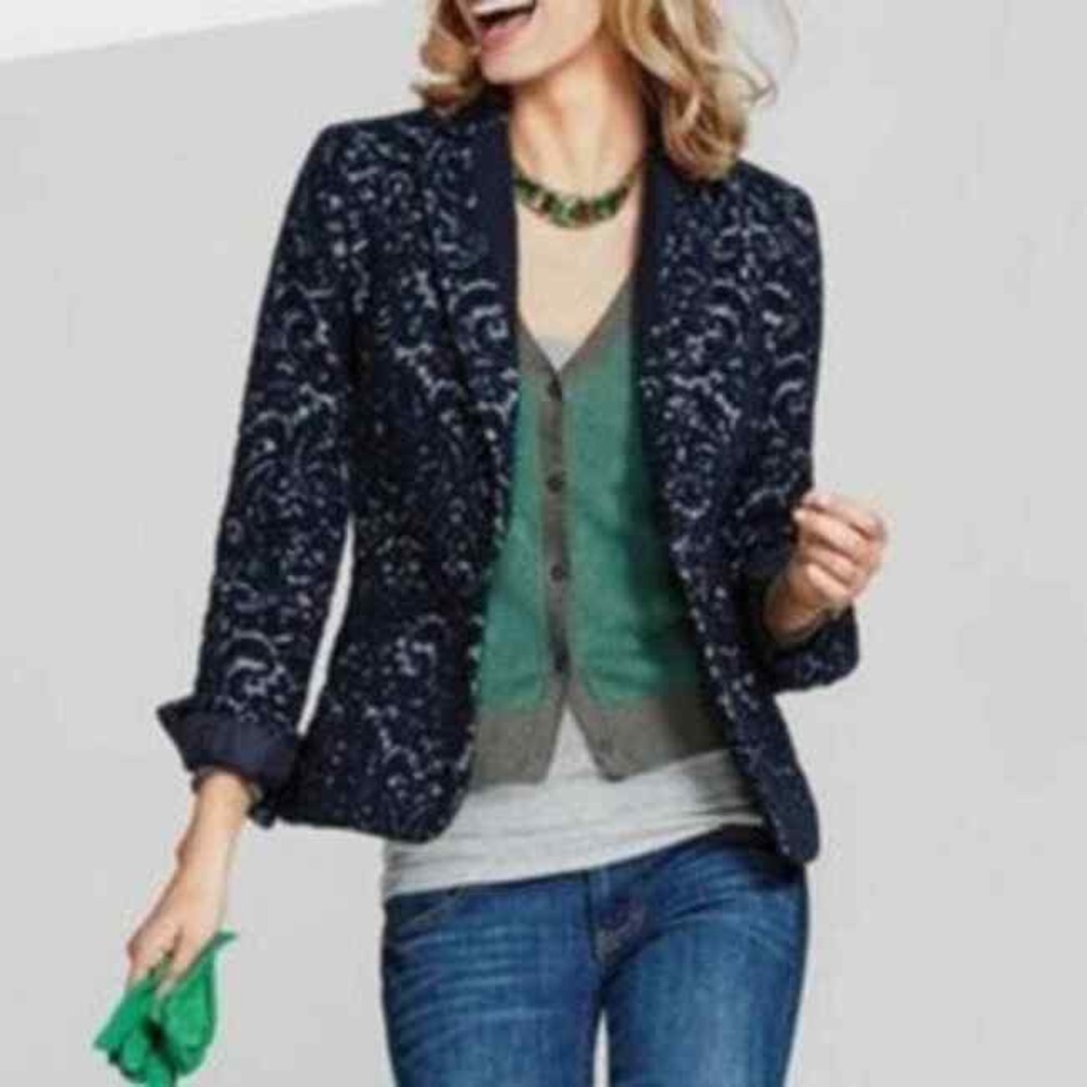 Vintage Cabi 109 Navy Blue Paisley Floral Brocade Jacket Size 6